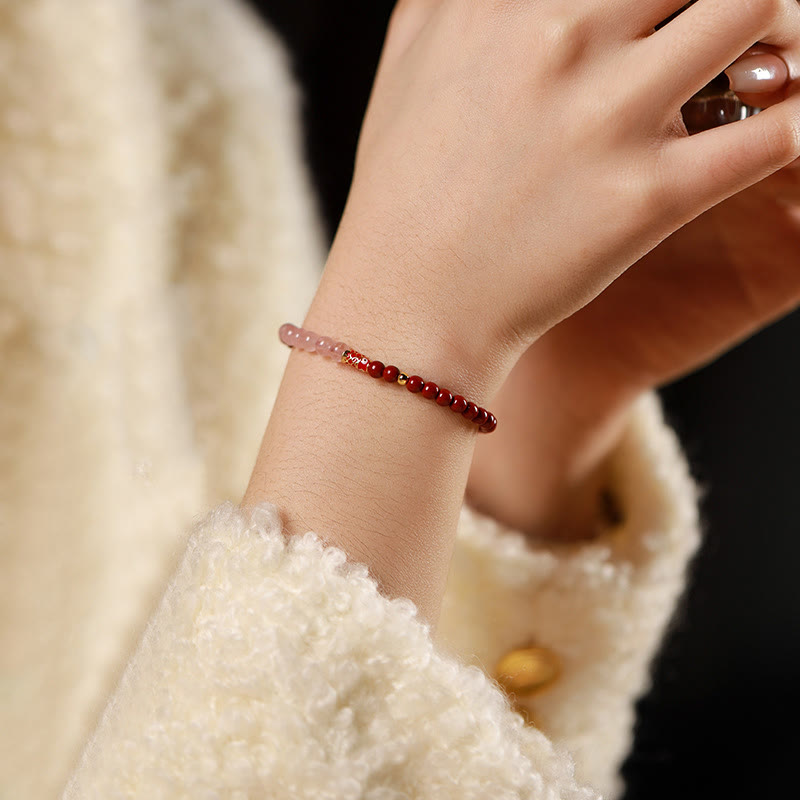 Wear FengShui Natural Cinnabar Pink Crystal Strawberry Quartz Lucky Koi Fish Blessing Bracelet
