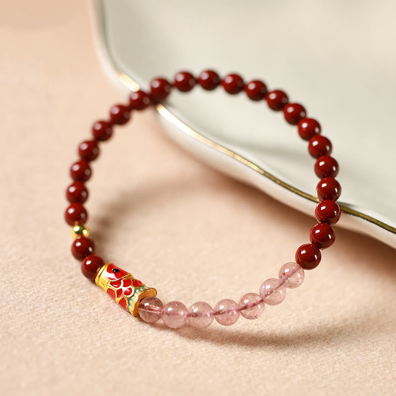 Wear FengShui Natural Cinnabar Pink Crystal Strawberry Quartz Lucky Koi Fish Blessing Bracelet