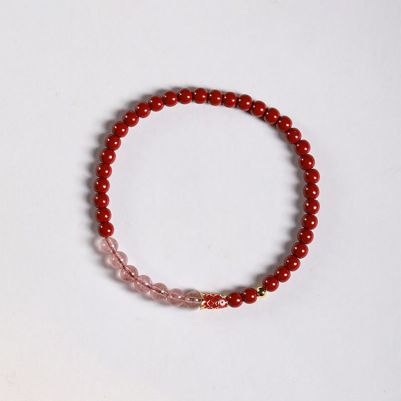 Wear FengShui Natural Cinnabar Pink Crystal Strawberry Quartz Lucky Koi Fish Blessing Bracelet