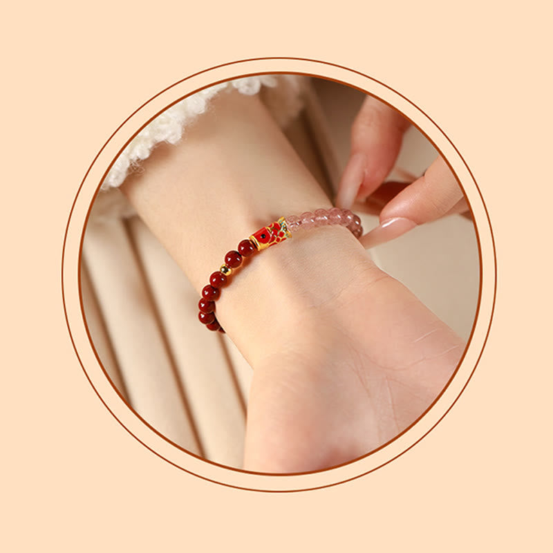 Wear FengShui Natural Cinnabar Pink Crystal Strawberry Quartz Lucky Koi Fish Blessing Bracelet