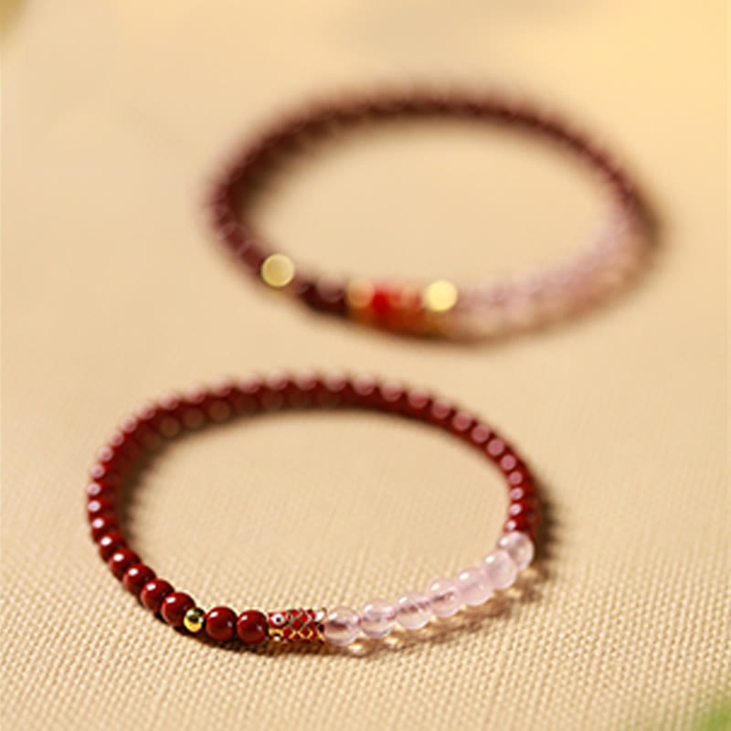 Wear FengShui Natural Cinnabar Pink Crystal Strawberry Quartz Lucky Koi Fish Blessing Bracelet