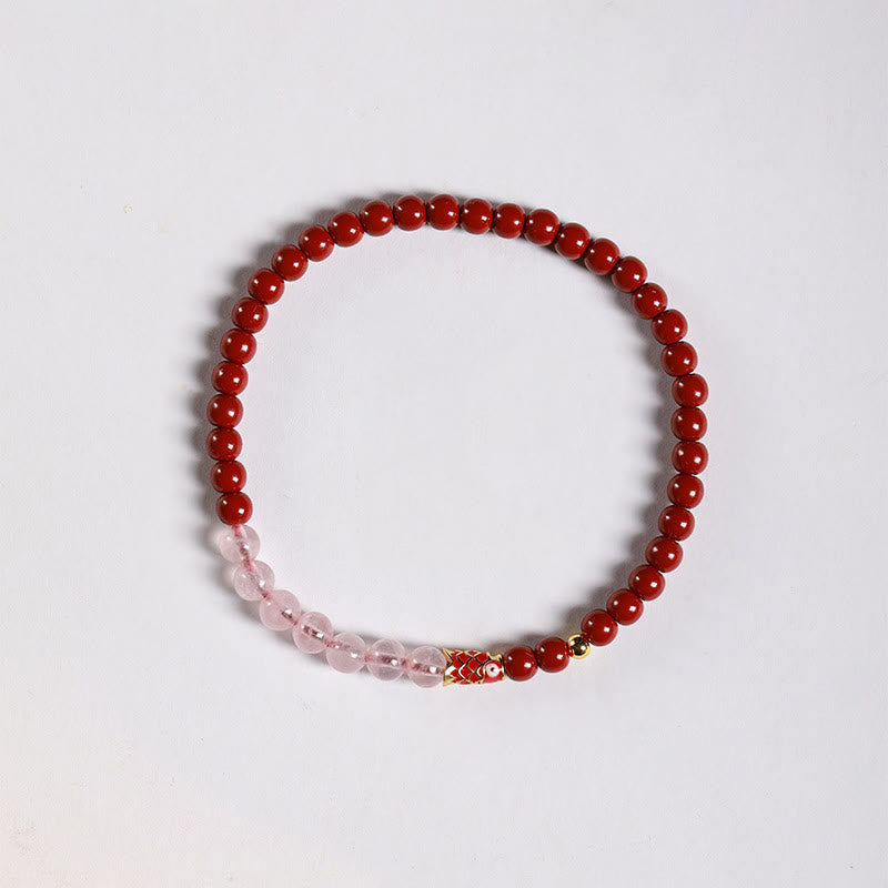 Wear FengShui Natural Cinnabar Pink Crystal Strawberry Quartz Lucky Koi Fish Blessing Bracelet
