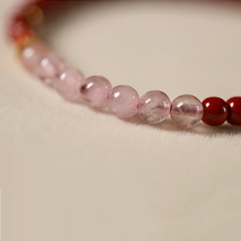 Wear FengShui Natural Cinnabar Pink Crystal Strawberry Quartz Lucky Koi Fish Blessing Bracelet