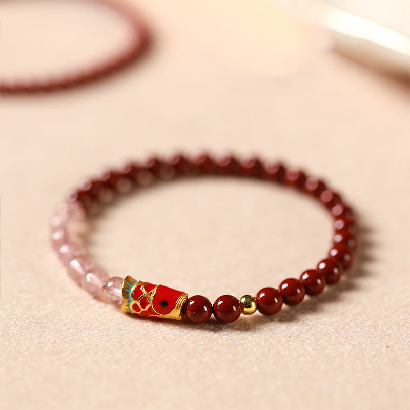 Wear FengShui Natural Cinnabar Pink Crystal Strawberry Quartz Lucky Koi Fish Blessing Bracelet