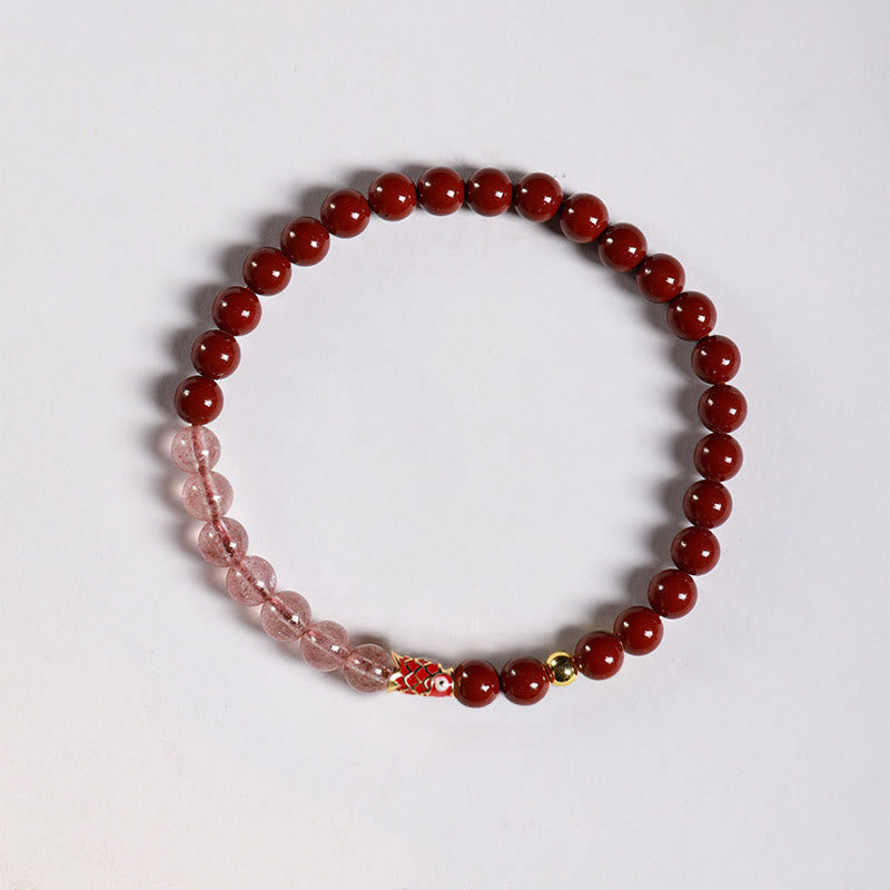 Wear FengShui Natural Cinnabar Pink Crystal Strawberry Quartz Lucky Koi Fish Blessing Bracelet