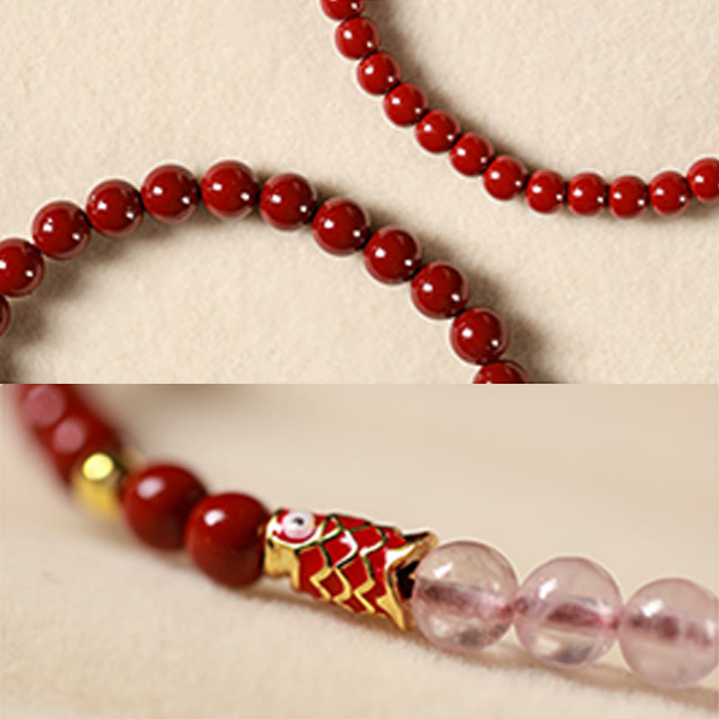 Wear FengShui Natural Cinnabar Pink Crystal Strawberry Quartz Lucky Koi Fish Blessing Bracelet