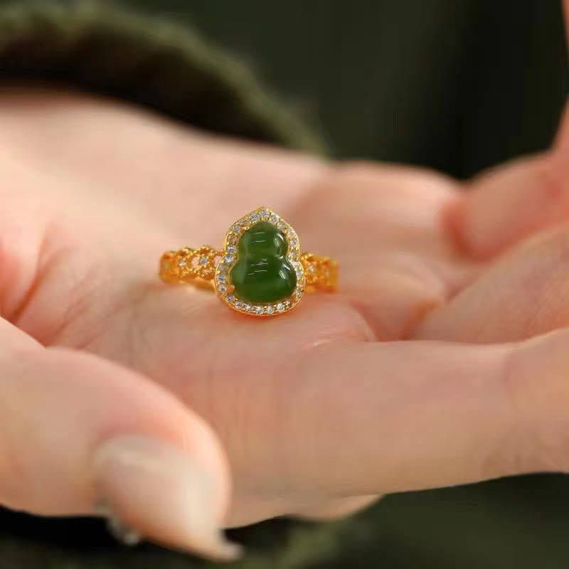 Buddha Stones Vintage Gourd Green Chalcedony Copper Plated Gold Adjustable Wealth Ring