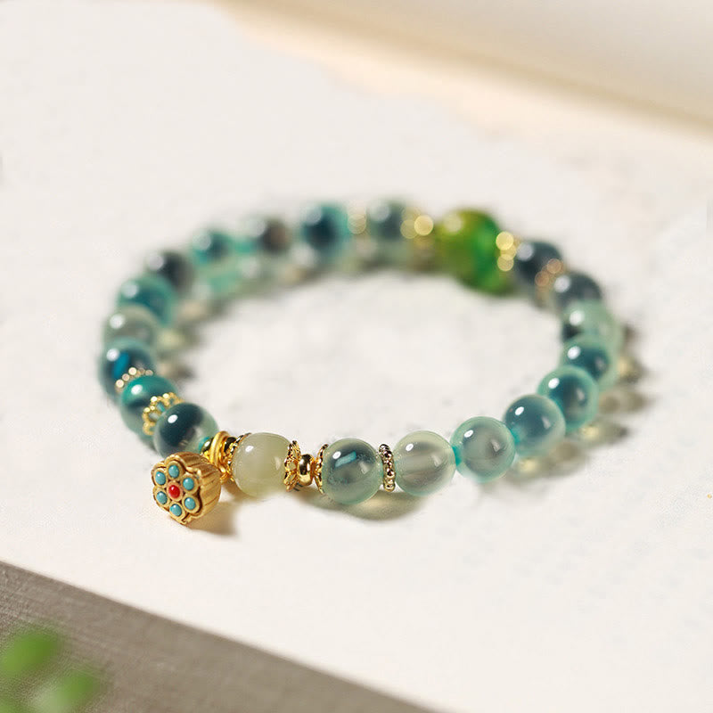 Wear FengShui Natural Colorful Candy Agate Golden Lotus Pod Healing Bracelet