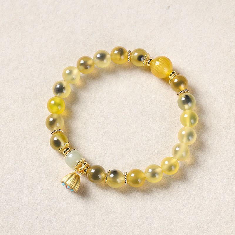 Wear FengShui Natural Colorful Candy Agate Golden Lotus Pod Healing Bracelet