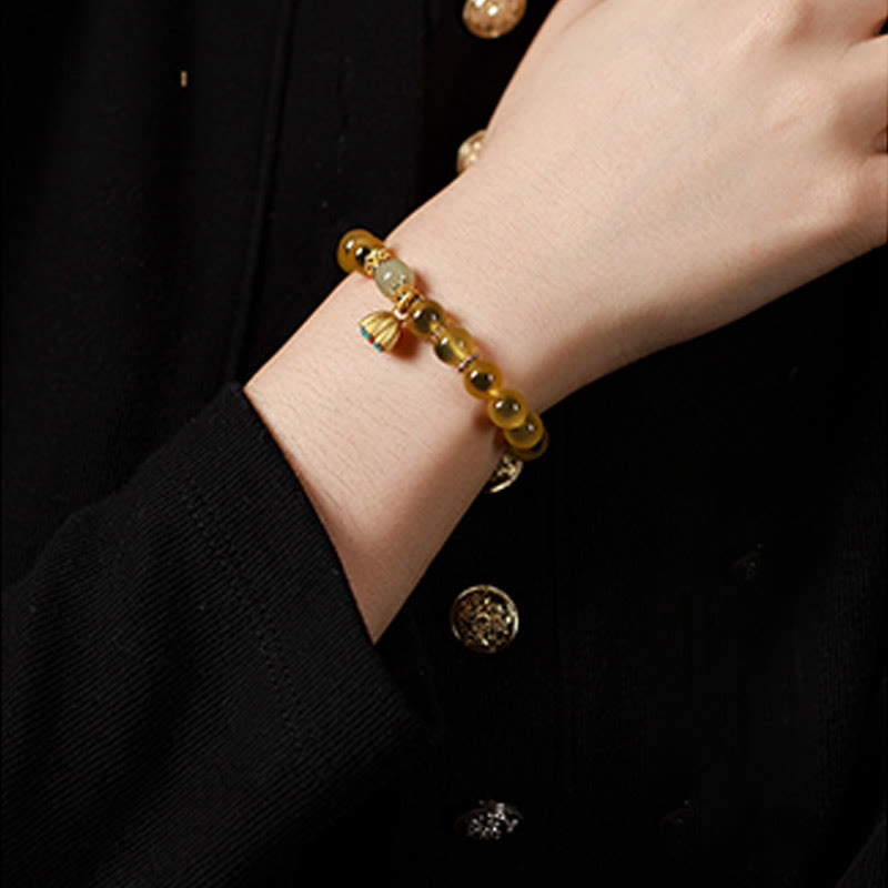 Wear FengShui Natural Colorful Candy Agate Golden Lotus Pod Healing Bracelet