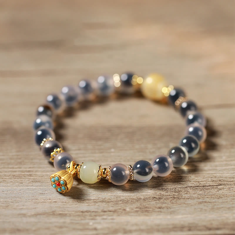 Wear FengShui Natural Colorful Candy Agate Golden Lotus Pod Healing Bracelet