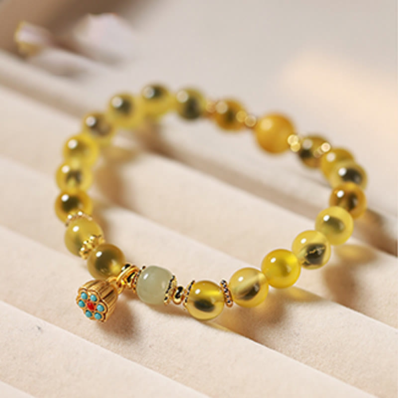 Wear FengShui Natural Colorful Candy Agate Golden Lotus Pod Healing Bracelet