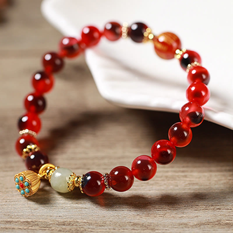 Wear FengShui Natural Colorful Candy Agate Golden Lotus Pod Healing Bracelet