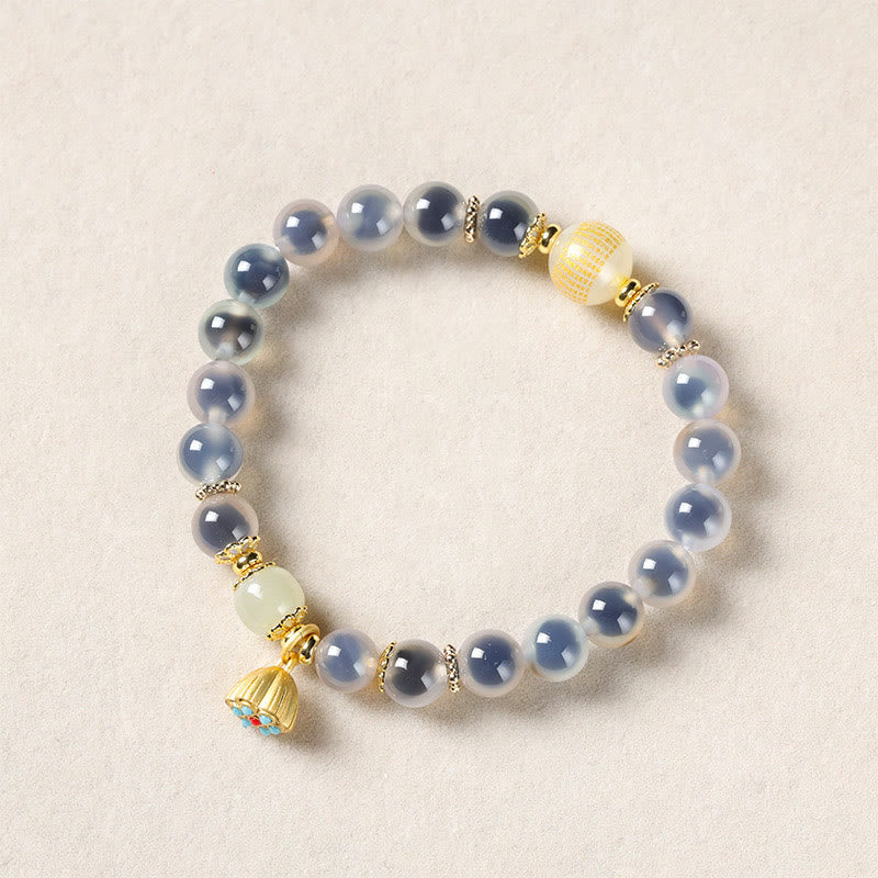 Wear FengShui Natural Colorful Candy Agate Golden Lotus Pod Healing Bracelet