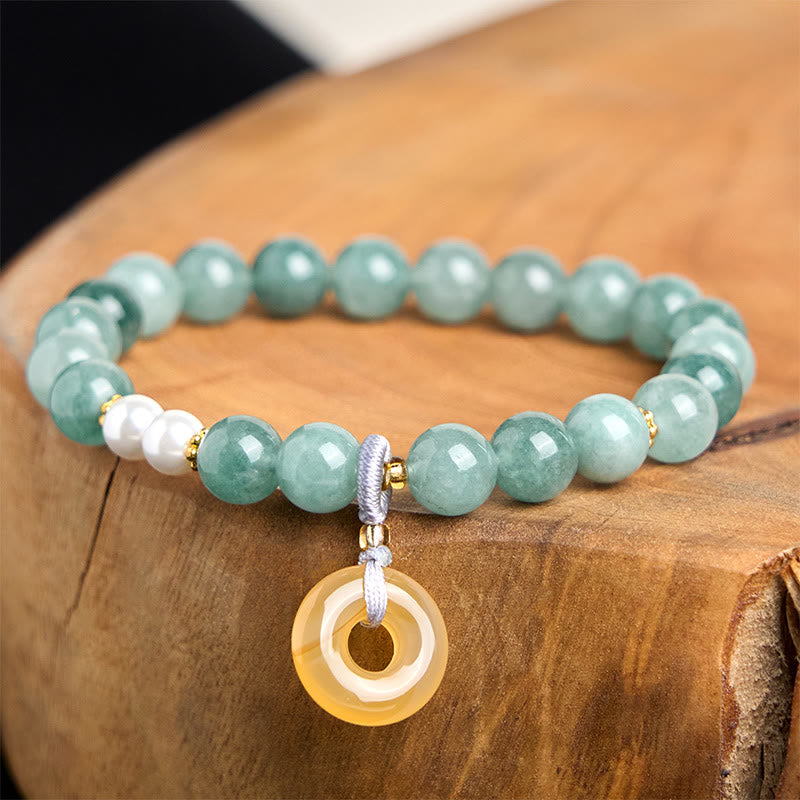 Wear FengShui Blue Jade Peace Buckle Pearl Beads Prosperity Bracelet