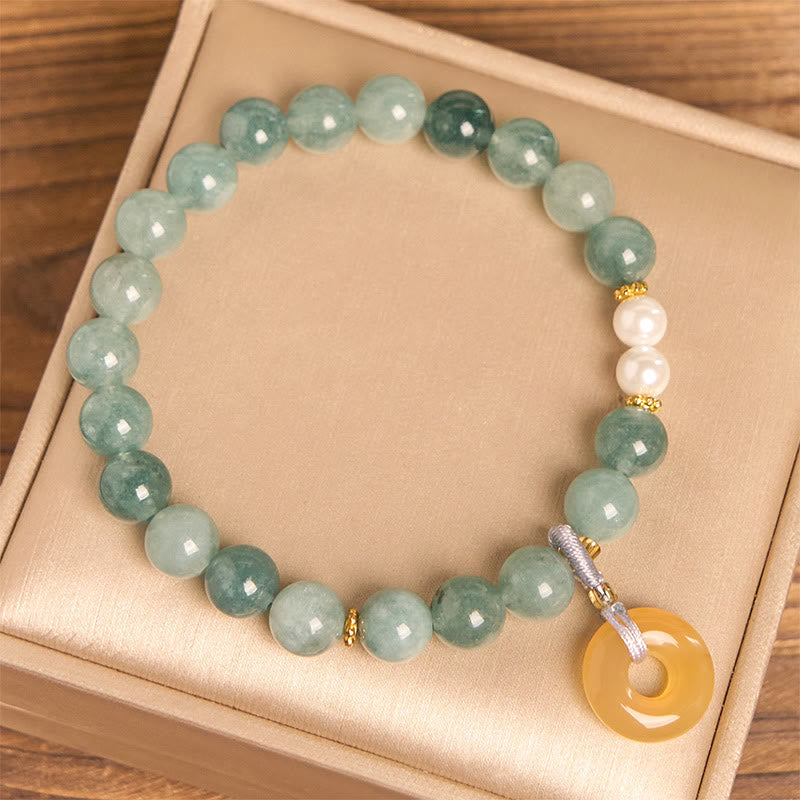 Wear FengShui Blue Jade Peace Buckle Pearl Beads Prosperity Bracelet