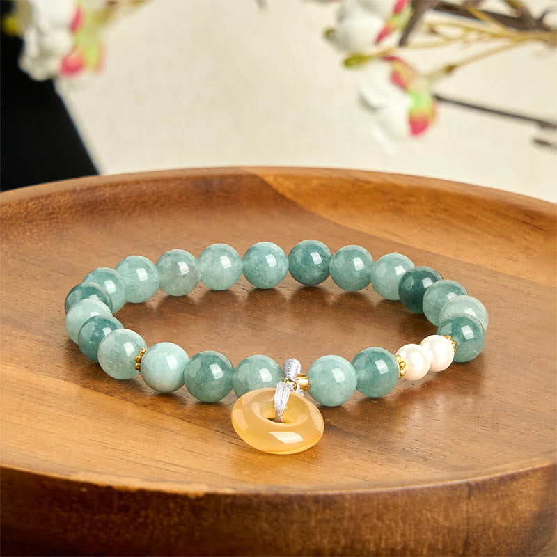 Wear FengShui Blue Jade Peace Buckle Pearl Beads Prosperity Bracelet