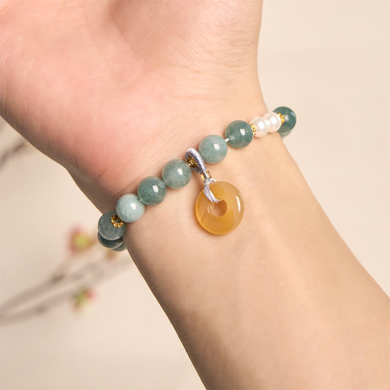 Wear FengShui Blue Jade Peace Buckle Pearl Beads Prosperity Bracelet