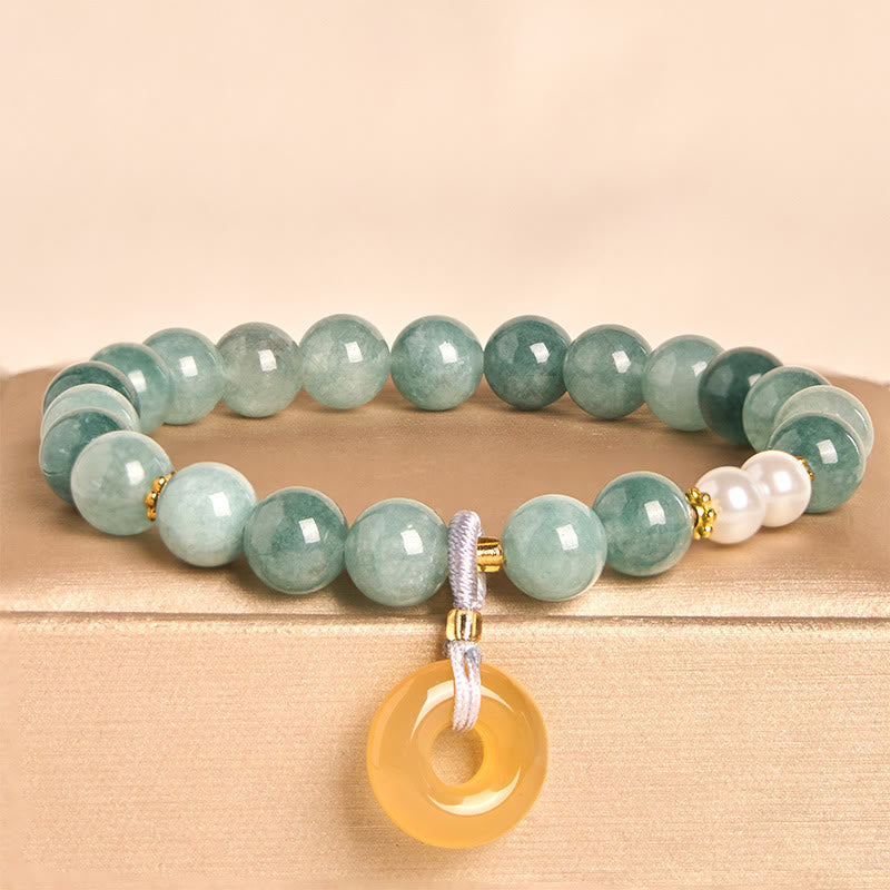 Wear FengShui Blue Jade Peace Buckle Pearl Beads Prosperity Bracelet