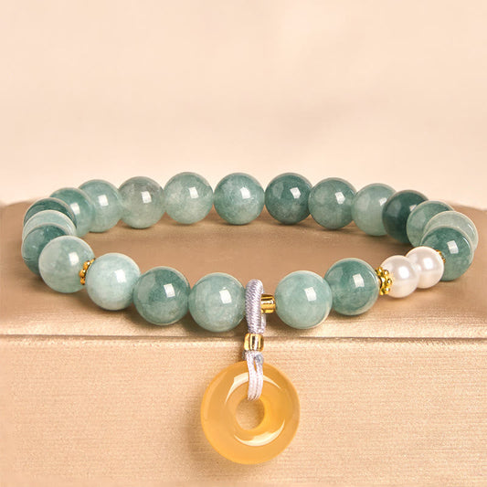 Wear FengShui Blue Jade Peace Buckle Pearl Beads Prosperity Bracelet
