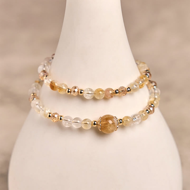 Wear FengShui Natural Citrine Pink Crystal Beads Pleasure Creativity Double Layer Bracelet