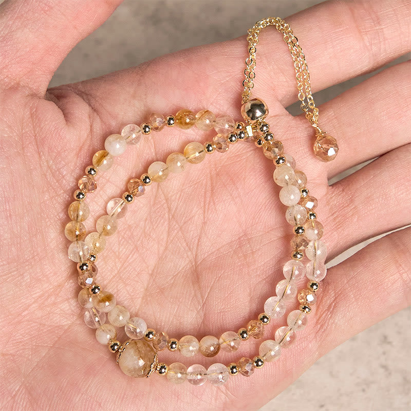 Wear FengShui Natural Citrine Pink Crystal Beads Pleasure Creativity Double Layer Bracelet
