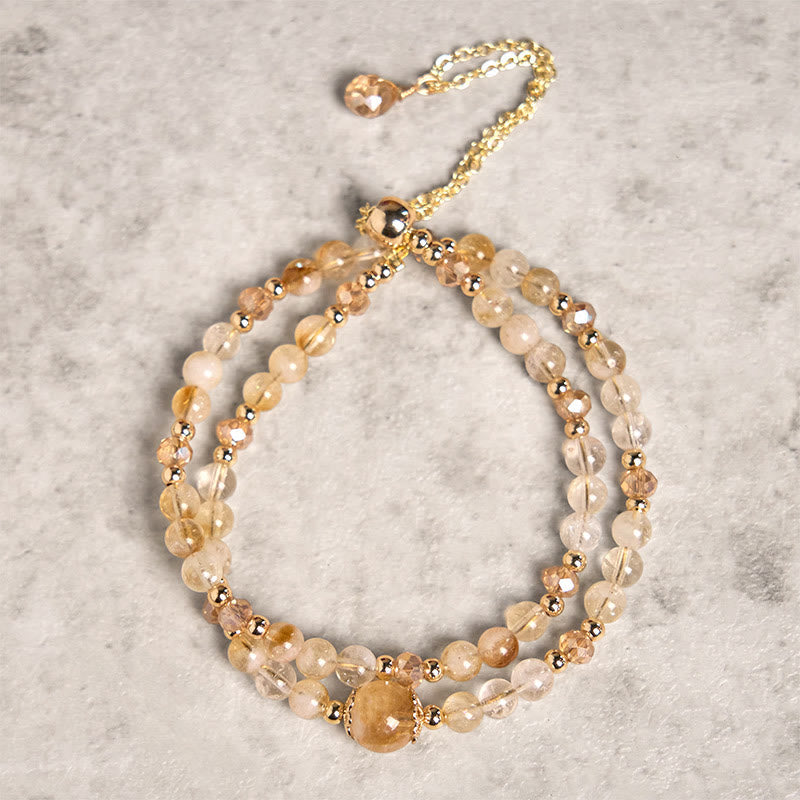 Wear FengShui Natural Citrine Pink Crystal Beads Pleasure Creativity Double Layer Bracelet