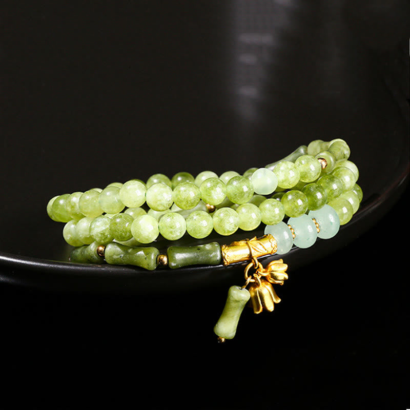 Wear FengShui Retro Multilayer Lily of the Valley Bamboo Green Chalcedony Strength Bracelet