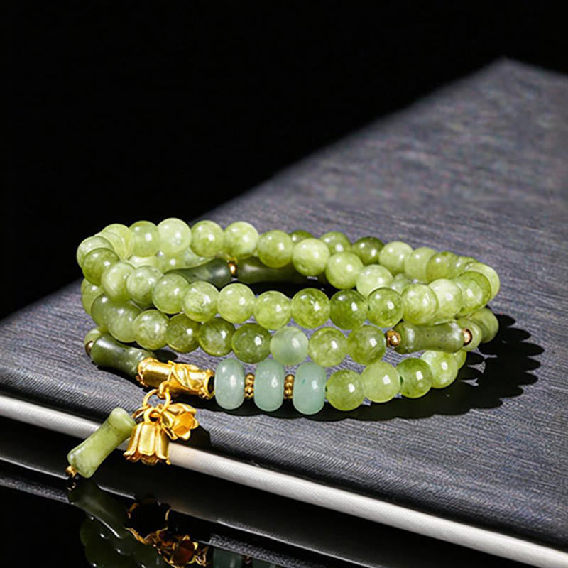 Wear FengShui Retro Multilayer Lily of the Valley Bamboo Green Chalcedony Strength Bracelet