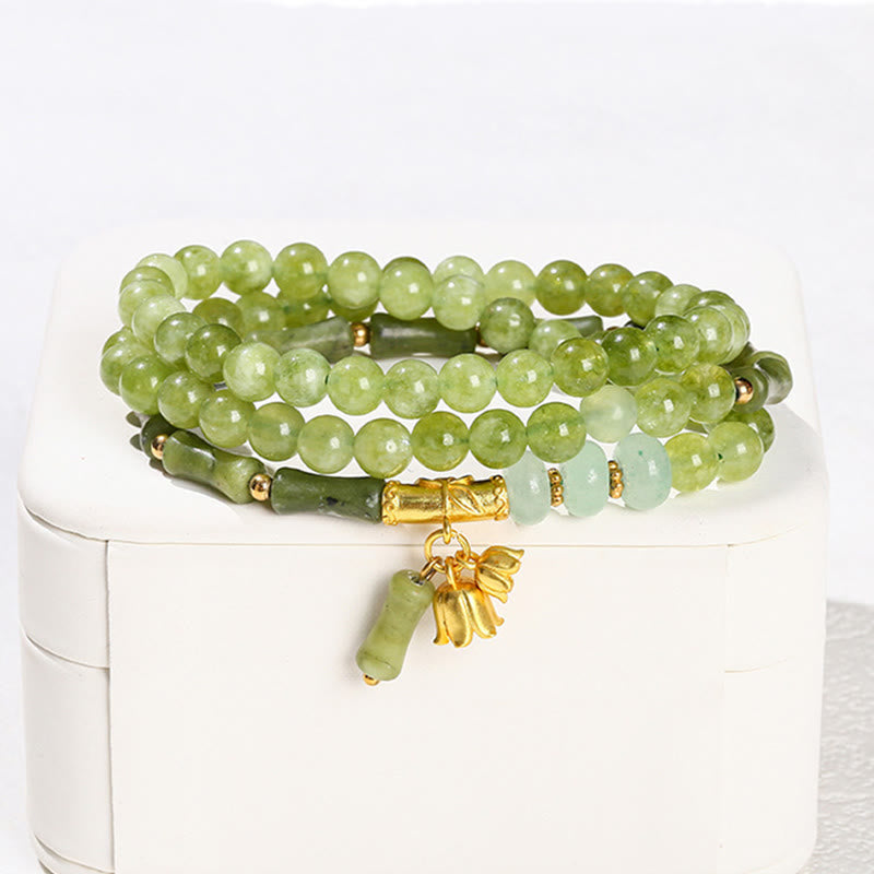 Wear FengShui Retro Multilayer Lily of the Valley Bamboo Green Chalcedony Strength Bracelet