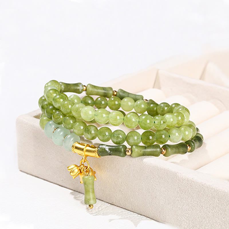 Wear FengShui Retro Multilayer Lily of the Valley Bamboo Green Chalcedony Strength Bracelet