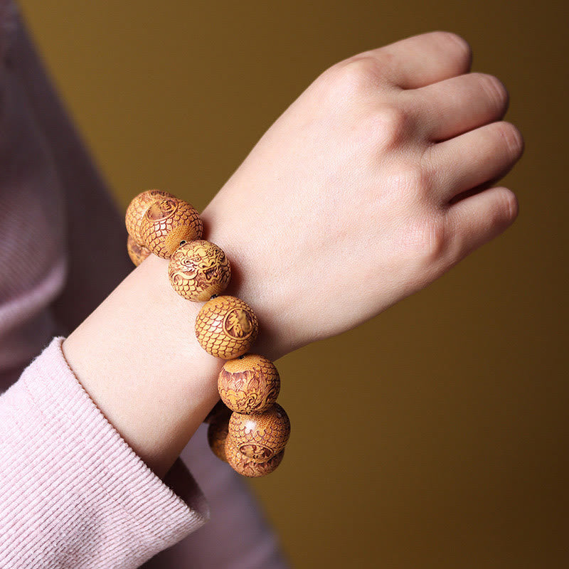 Wear FengShui Carving Sandalwood Dragon Keep Away Evil Spirits Bracelet