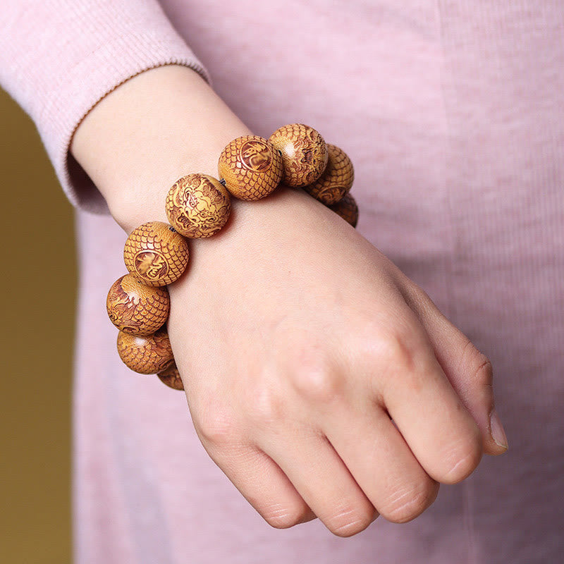 Wear FengShui Carving Sandalwood Dragon Keep Away Evil Spirits Bracelet