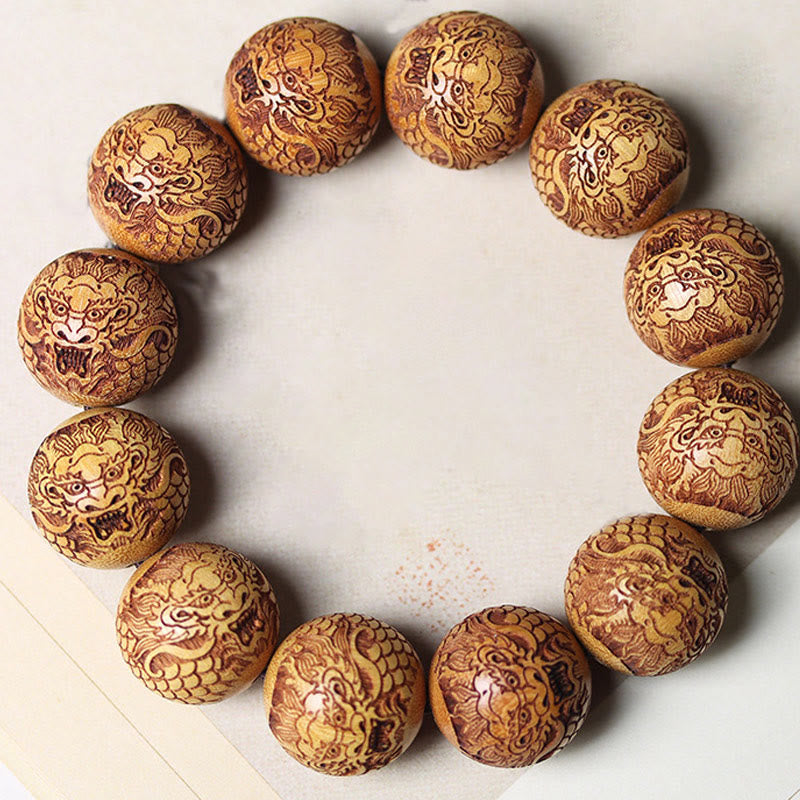 Wear FengShui Carving Sandalwood Dragon Keep Away Evil Spirits Bracelet