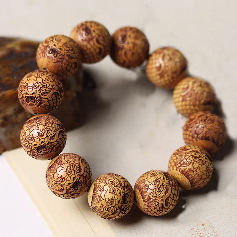 Wear FengShui Carving Sandalwood Dragon Keep Away Evil Spirits Bracelet