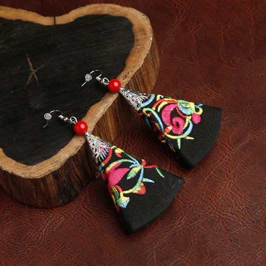 Wear FengShui Handmade Fan-shaped Yi Embroidery Harmony Earrings