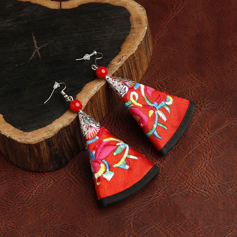 Wear FengShui Handmade Fan-shaped Yi Embroidery Harmony Earrings
