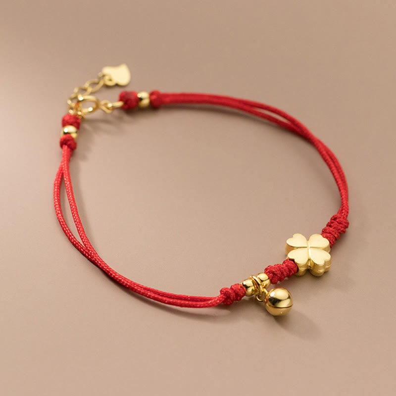 Wear FengShui 925 Sterling Silver Plated Gold Four Leaf Clover Red String Connection Bracelet