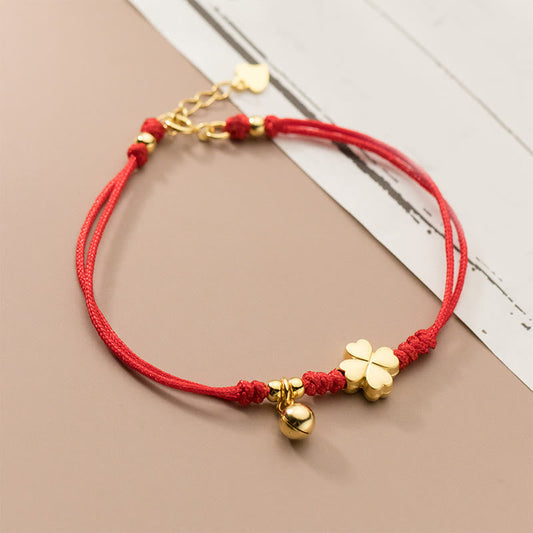 Wear FengShui 925 Sterling Silver Plated Gold Four Leaf Clover Red String Connection Bracelet