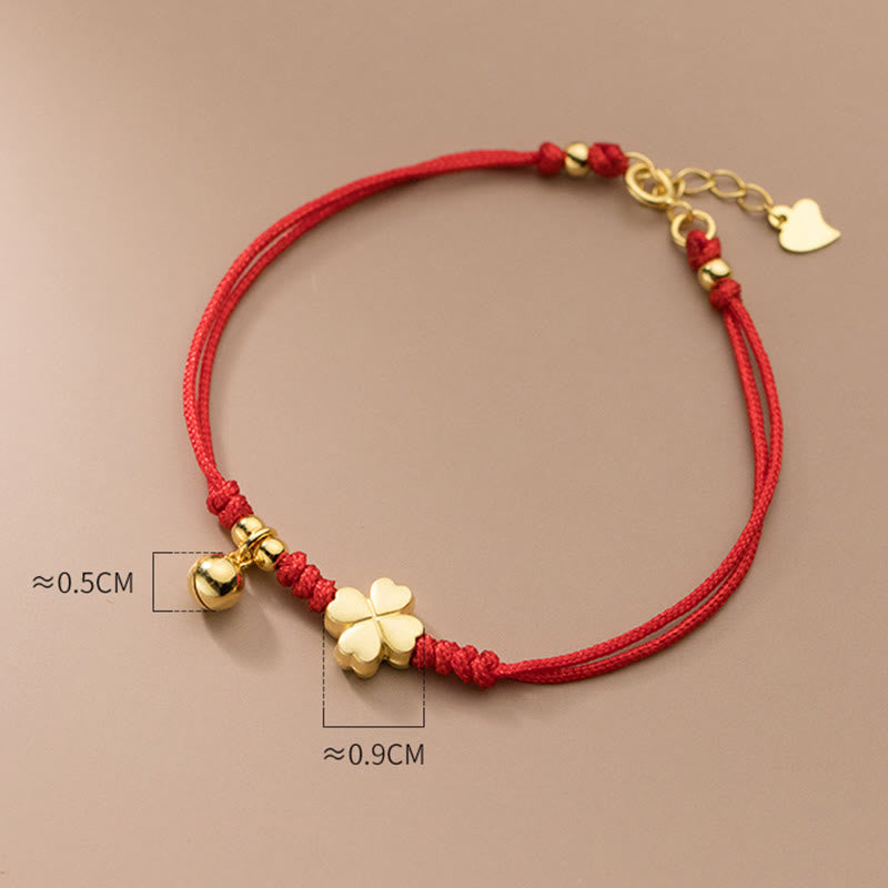 Wear FengShui 925 Sterling Silver Plated Gold Four Leaf Clover Red String Connection Bracelet