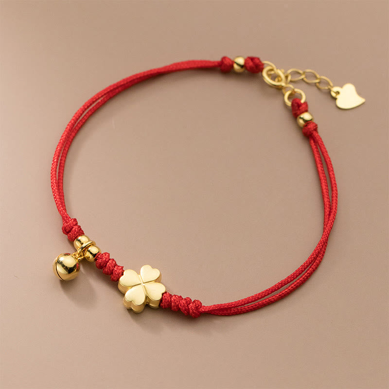 Wear FengShui 925 Sterling Silver Plated Gold Four Leaf Clover Red String Connection Bracelet