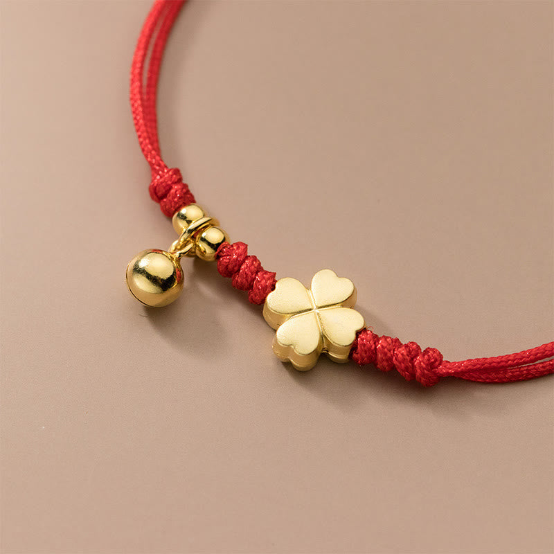 Wear FengShui 925 Sterling Silver Plated Gold Four Leaf Clover Red String Connection Bracelet
