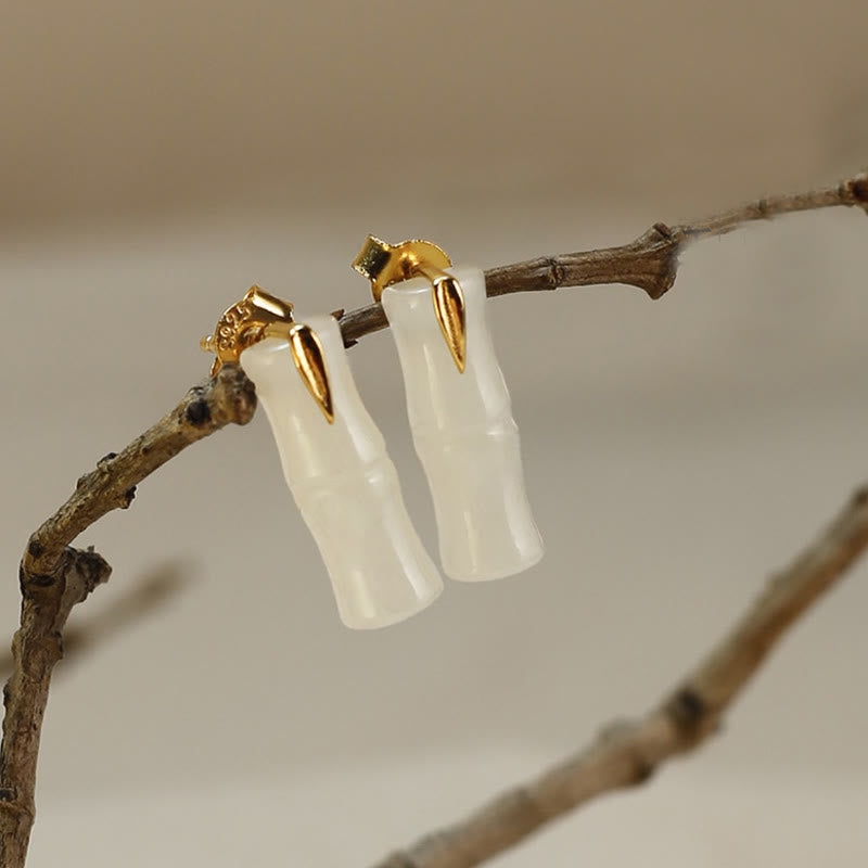 Wear FengShui Bamboo Hetian Jade 925 Sterling Silver Leaf Wealth Earrings