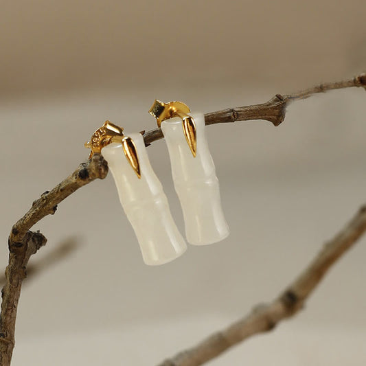 Wear FengShui Bamboo Hetian Jade 925 Sterling Silver Leaf Wealth Earrings