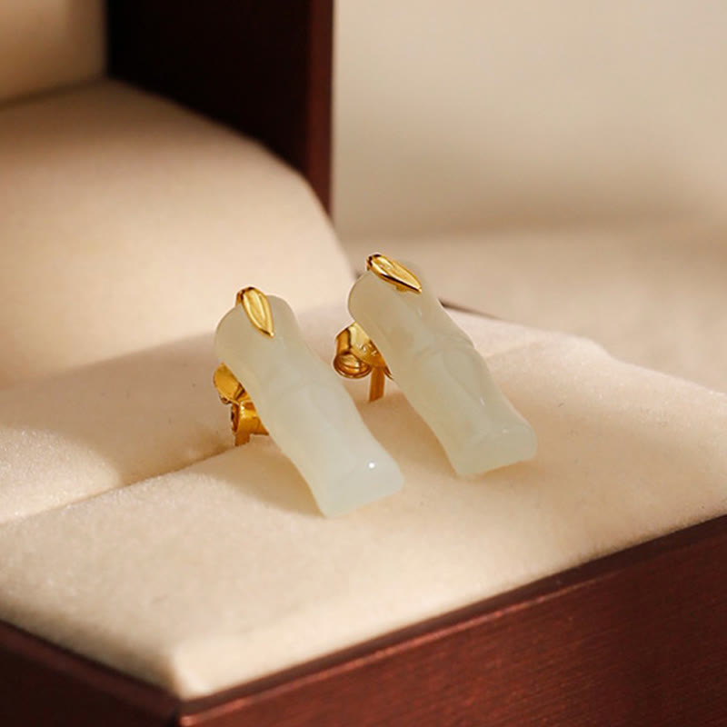 Wear FengShui Bamboo Hetian Jade 925 Sterling Silver Leaf Wealth Earrings