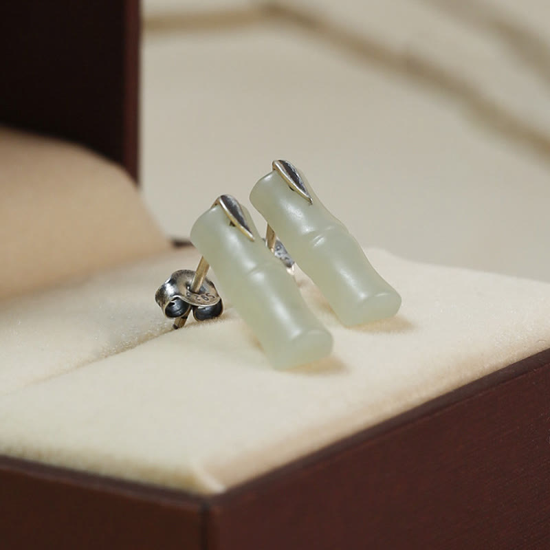 Wear FengShui Bamboo Hetian Jade 925 Sterling Silver Leaf Wealth Earrings