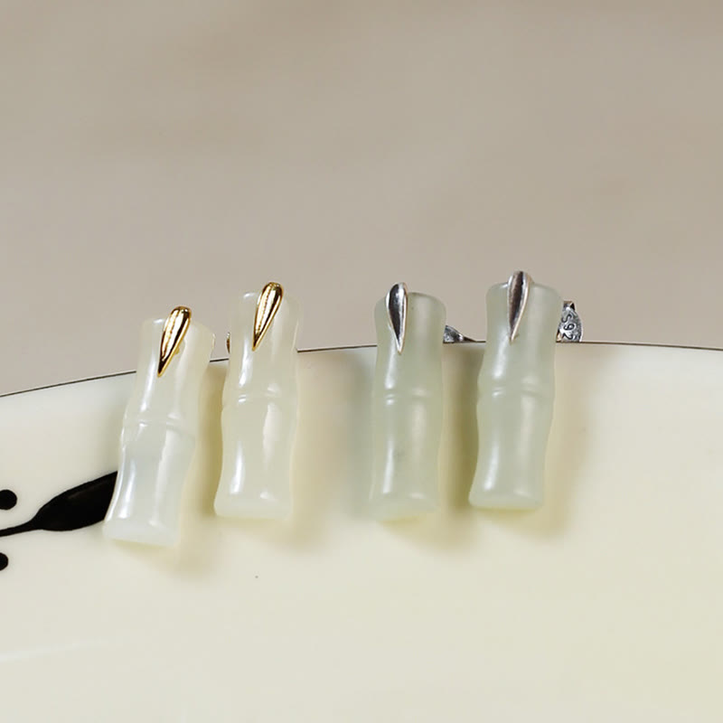 Wear FengShui Bamboo Hetian Jade 925 Sterling Silver Leaf Wealth Earrings