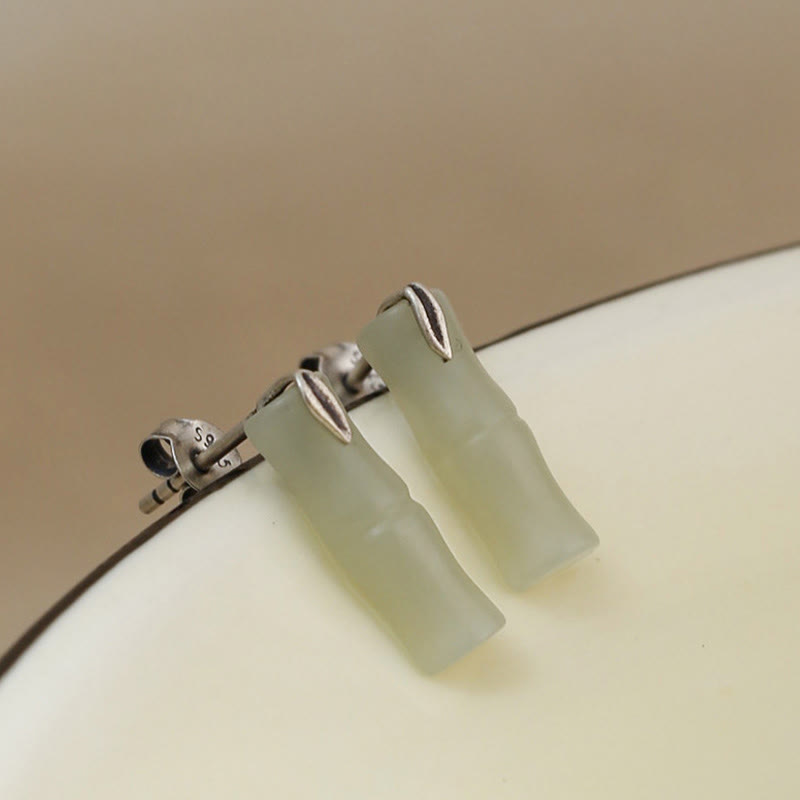 Wear FengShui Bamboo Hetian Jade 925 Sterling Silver Leaf Wealth Earrings