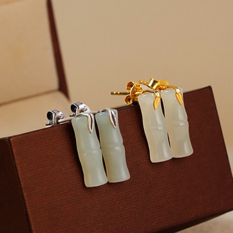 Wear FengShui Bamboo Hetian Jade 925 Sterling Silver Leaf Wealth Earrings