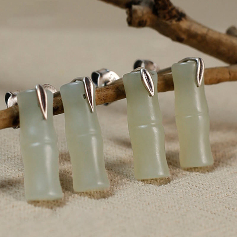 Wear FengShui Bamboo Hetian Jade 925 Sterling Silver Leaf Wealth Earrings